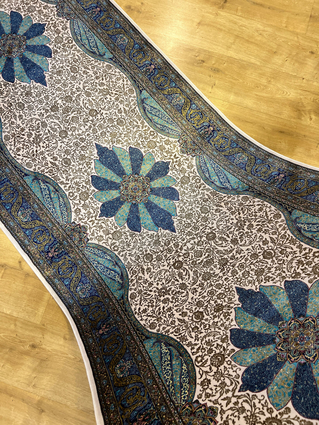 Turquoise Gold Medallion Silk Runner Rug, 3x10 ft, Classic Luxury Hallway Rug