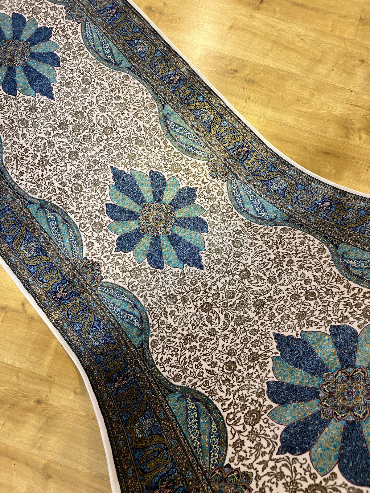 Turquoise Gold Medallion Silk Runner Rug, 3x10 ft, Classic Luxury Hallway Rug