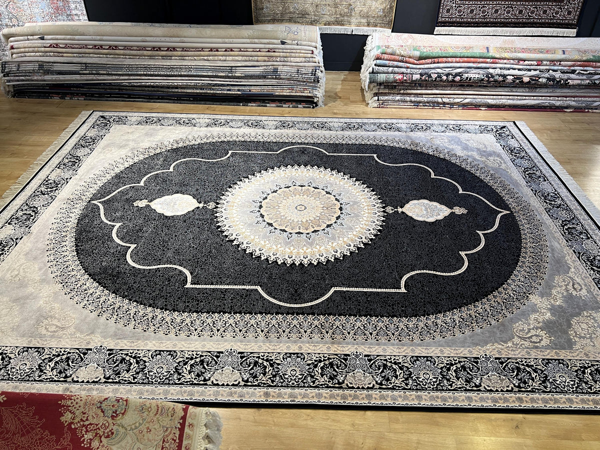 10x13 ft Black Classic Medallion Silk Rug with Gold Motifs, Big Silk Carpet