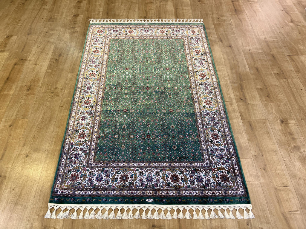 Green Modal Silk Turkish Carpet, 4x6 ft, Living Room Rug