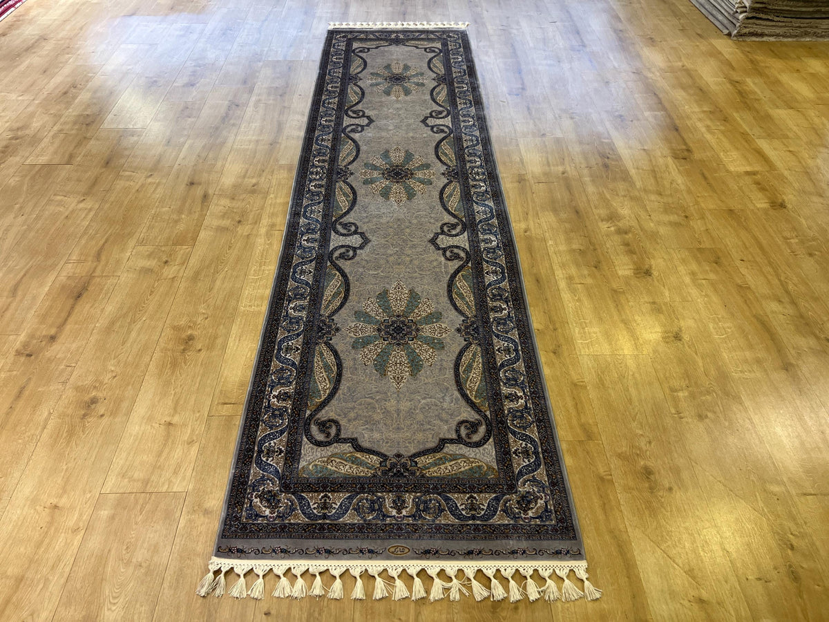 Gray Gold Medallion Silk Runner Rug, 3x10 ft, Classic Luxury Hallway Rug