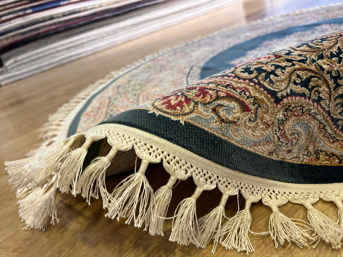 Blue Round Silk Rug, Medallion Design Turkish Carpet