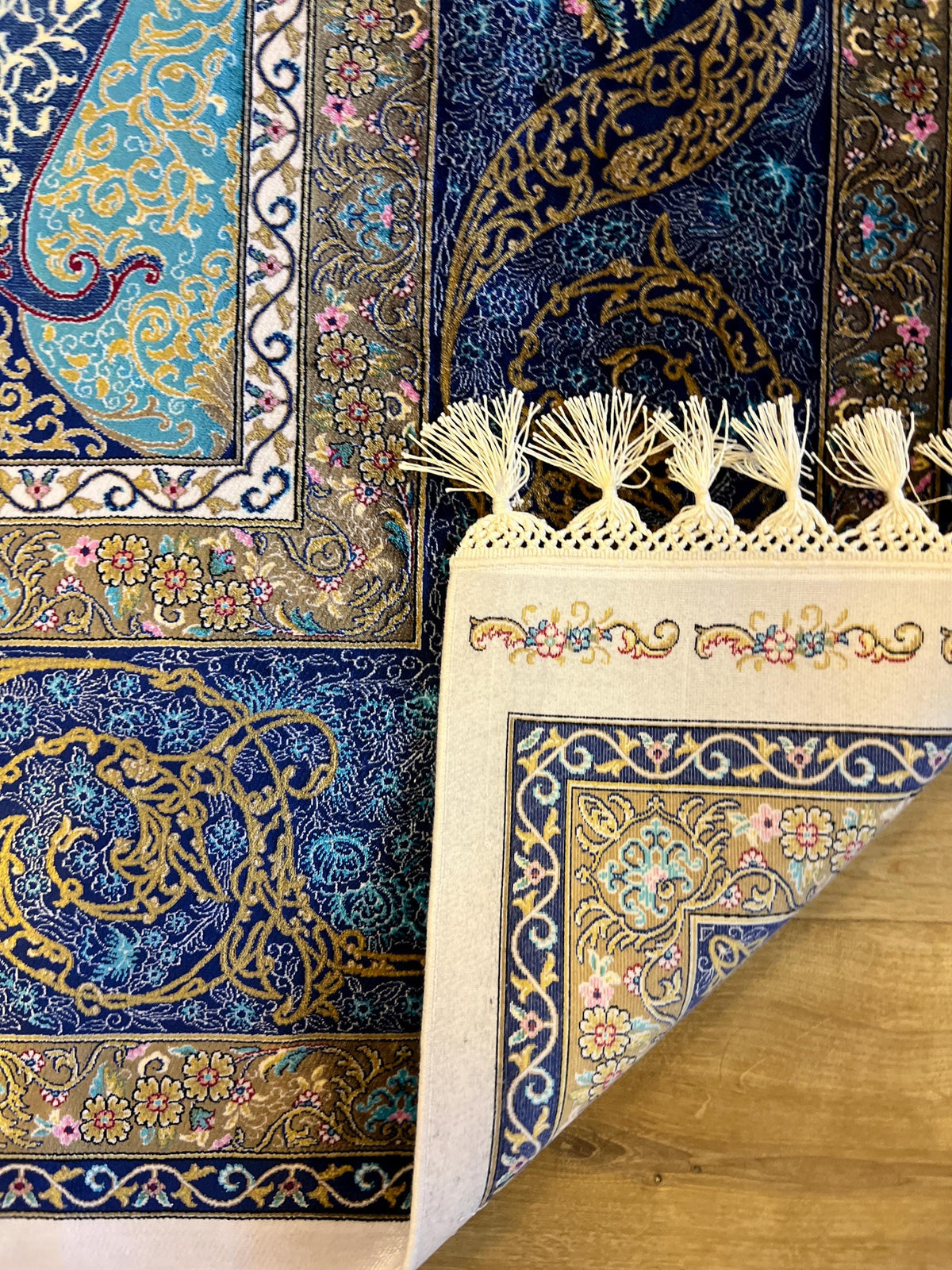 Ivory Silk Rug, Gold Blue Medallion, Classic Traditional Style Carpet