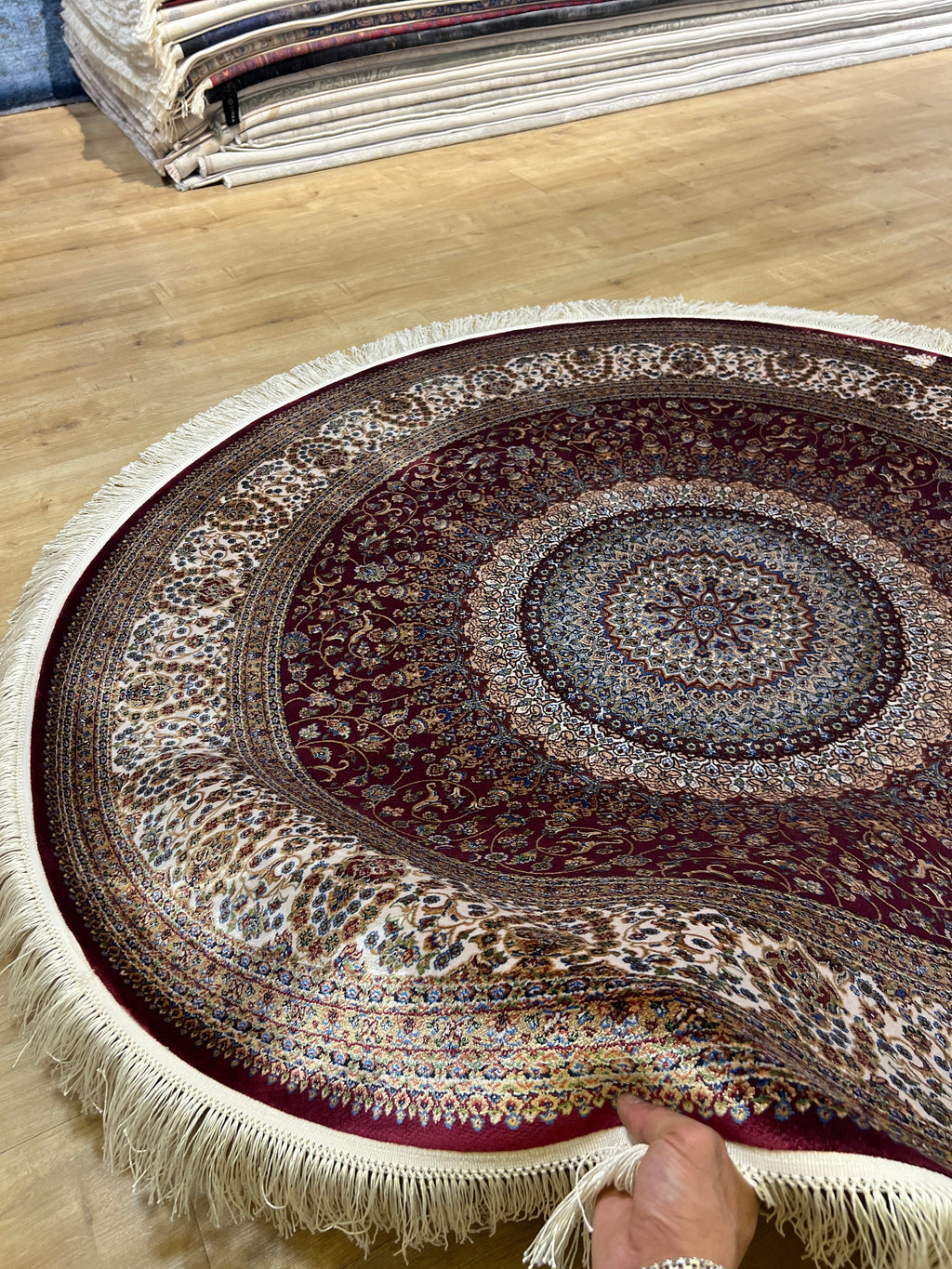 5x5 Ft Round Red Turkish Style Silk Rug, Classic Luxury Medallion Design