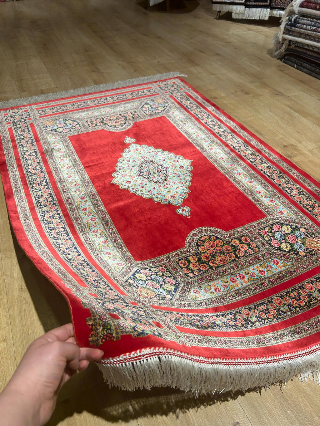 Red Silk Rug, Floral Medallion and Border Design Classic Luxury Silk Carpet
