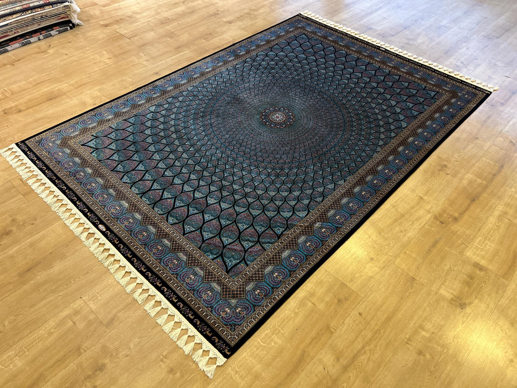 5x8 ft Blue Black Silk Rug, Traditional Medallion Design Rug