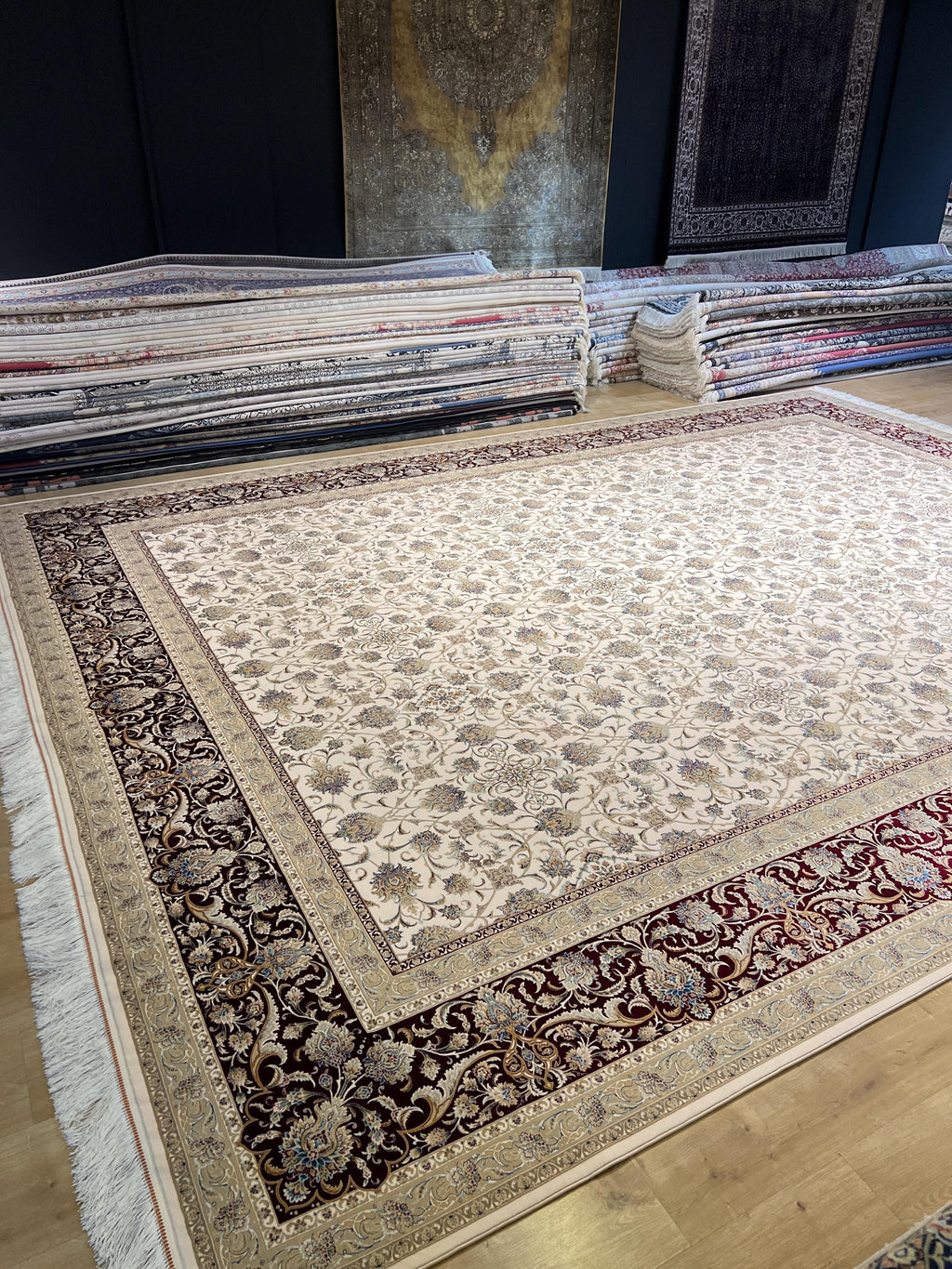 Cream Red Silk Rug, 10x13 ft, Large Classic Luxury Area Rug