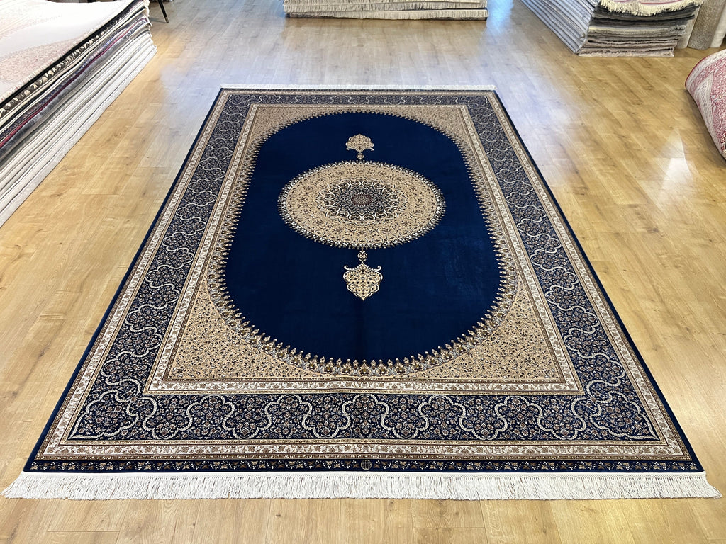 7x10 ft Elegant Silk Rug, Navy Ground Gold Medallion Classic Design