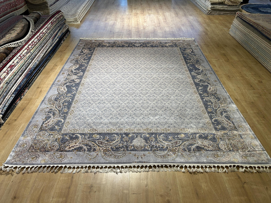 8x10 ft Gray Silk Rug,  Gray  Gold Border Design Turkish Carpet, Luxury Home Decor