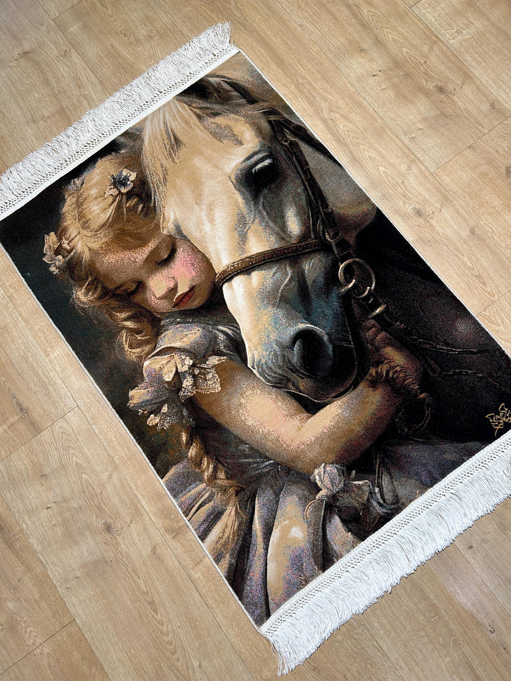2x3 ft Horse Tapestry, Little Girl and Horse, Silk Rug, Woven Wall Art