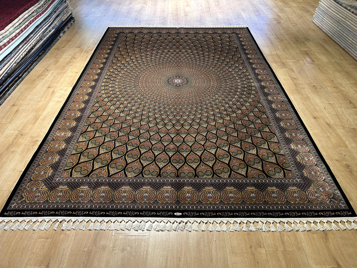 Gold Black Silk Rug, Medallion Peacock Tail Design Rug, Traditional Pattern Carpet