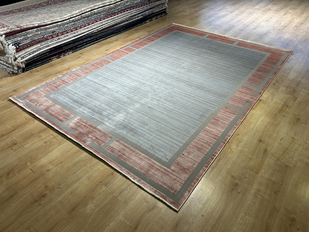 7x10 ft Pink Gray Beige Bamboo Rug, Bordered Minimalist Modern Rug, Oversize Carpet
