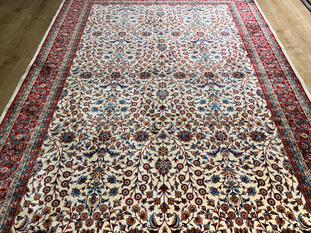 Floral Design Ivory Silk Carpet, Red Border Silk Rug, Home Decor