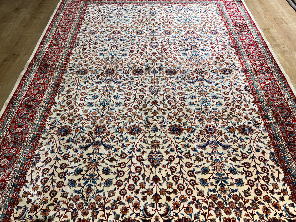Floral Design Ivory Silk Carpet, Red Border Silk Rug, Home Decor