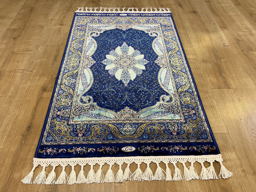 Navy Blue Silk Carpet, Medallion Design Classic Small Rug