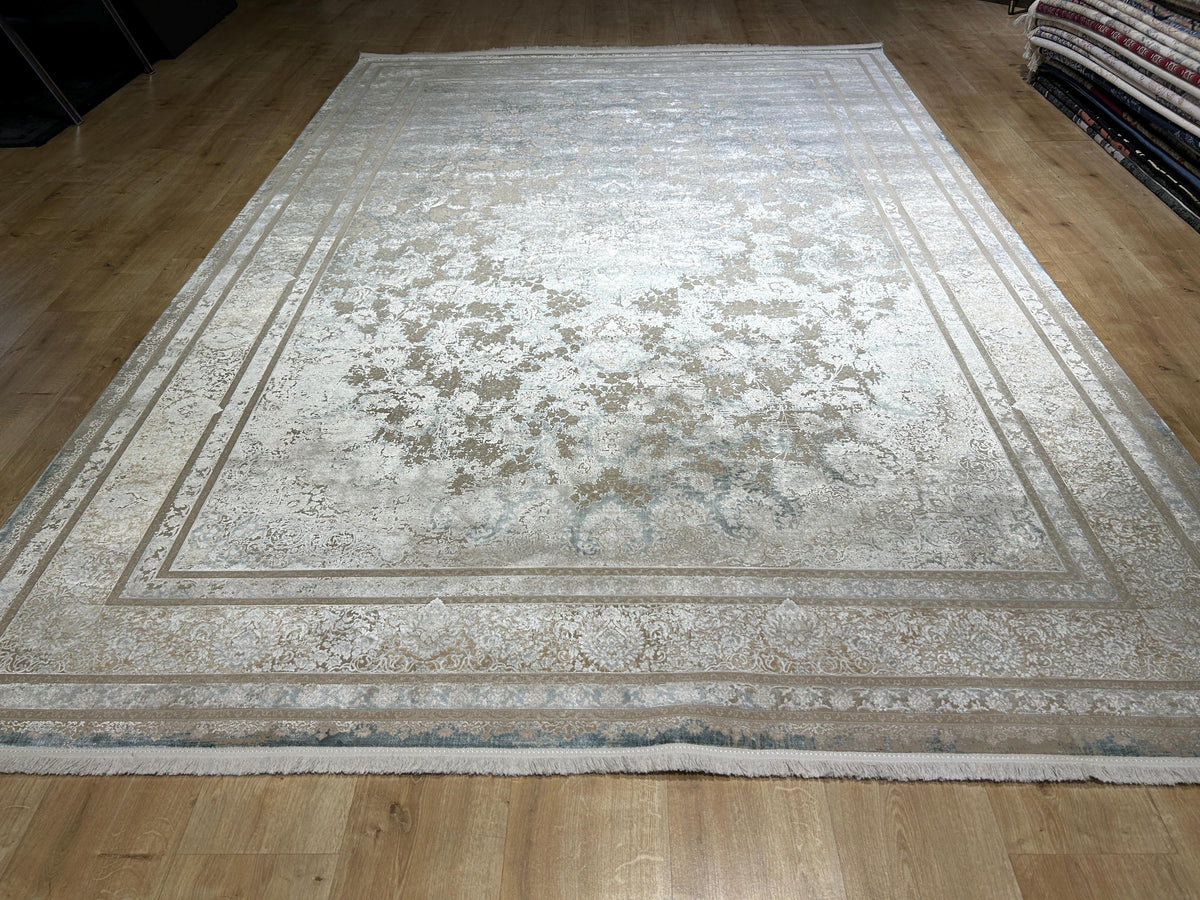 Beige Blue Silk Rug, Distressed Pattern Medallion Design, Classic Silk Carpet