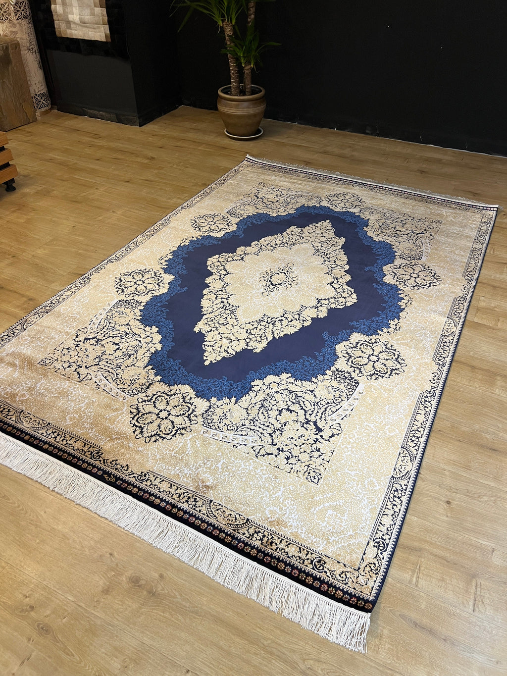 5x8 ft Dark Blue Silk Rug, Gold Medallion Design, Luxury Turkish Home Decor
