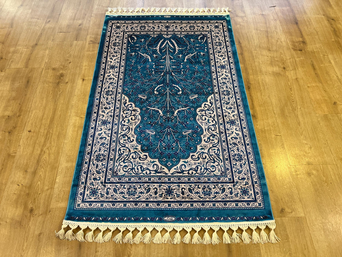 Blue Silk Muslim Prayer Rug, Janamaz Mat, Prayer Gift 2.62X4.10 ft