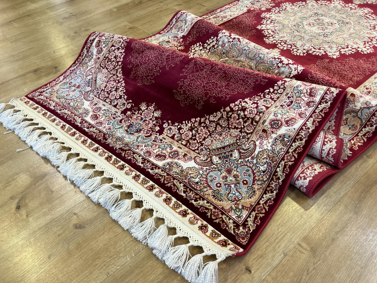 Red Silk Runner Rug, 3x10 ft, Medallion Design Classic Turkish Style Luxury Rug