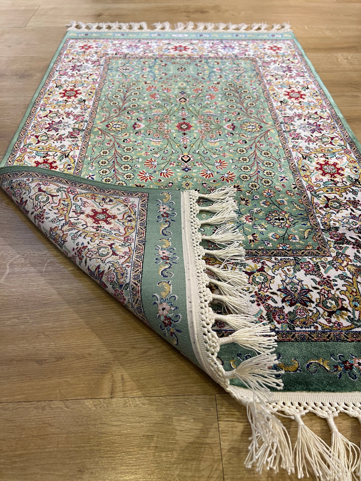 Green Beige Floral Silk Rug, Turkish Carpet, Luxury Home Decor