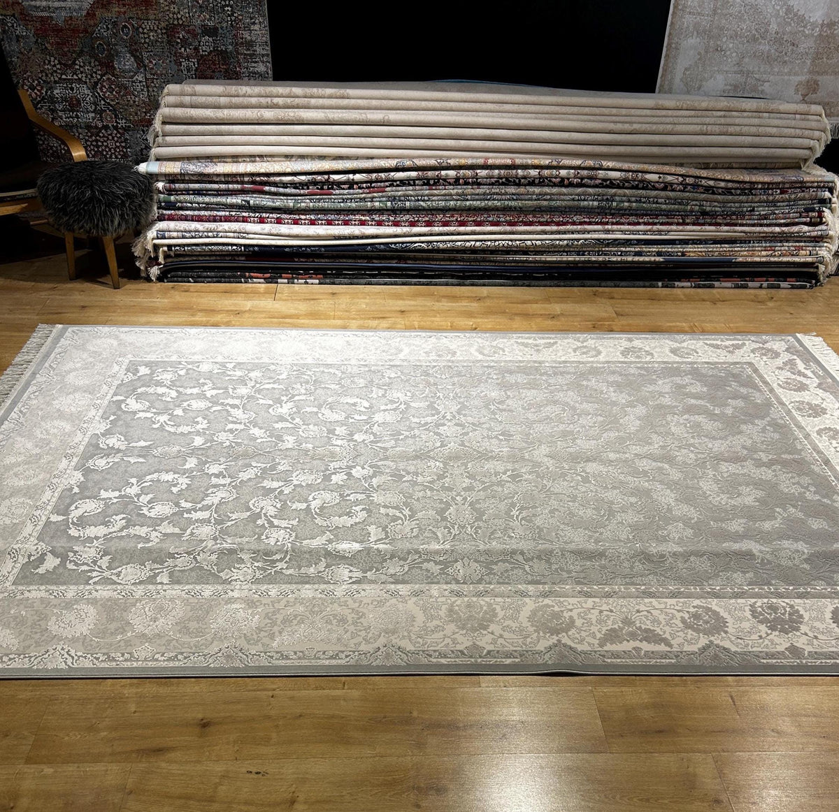 Gray Silk Bamboo Rug, 7x10 ft, Floral Pattern Bordered Turkish Rug