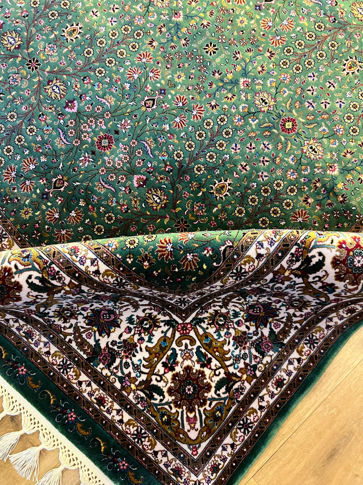 Green Modal Silk Turkish Carpet, 4x6 ft, Living Room Rug