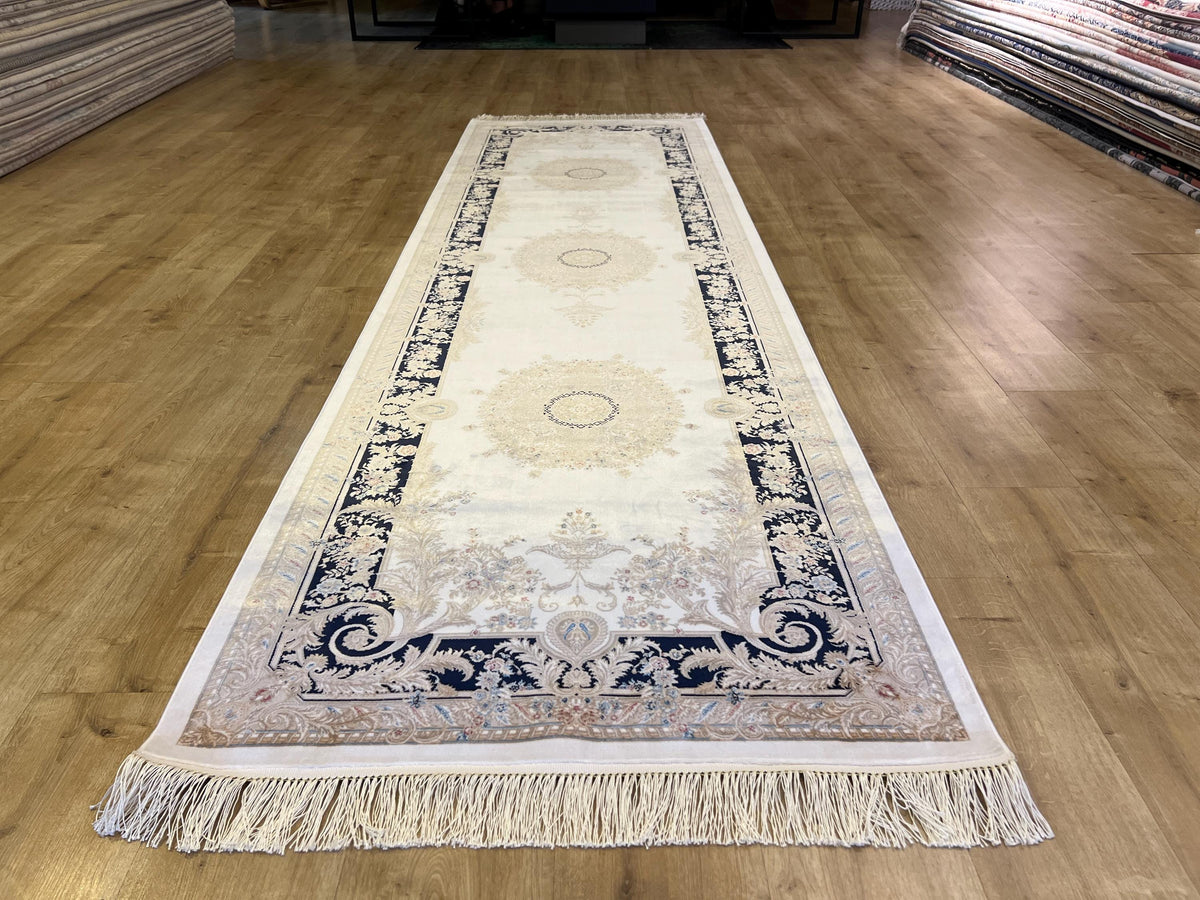 Ivory Silk Runner Rug with Navy Blue Border Gold Medallion, 3x10ft, Classic Turkish Rug