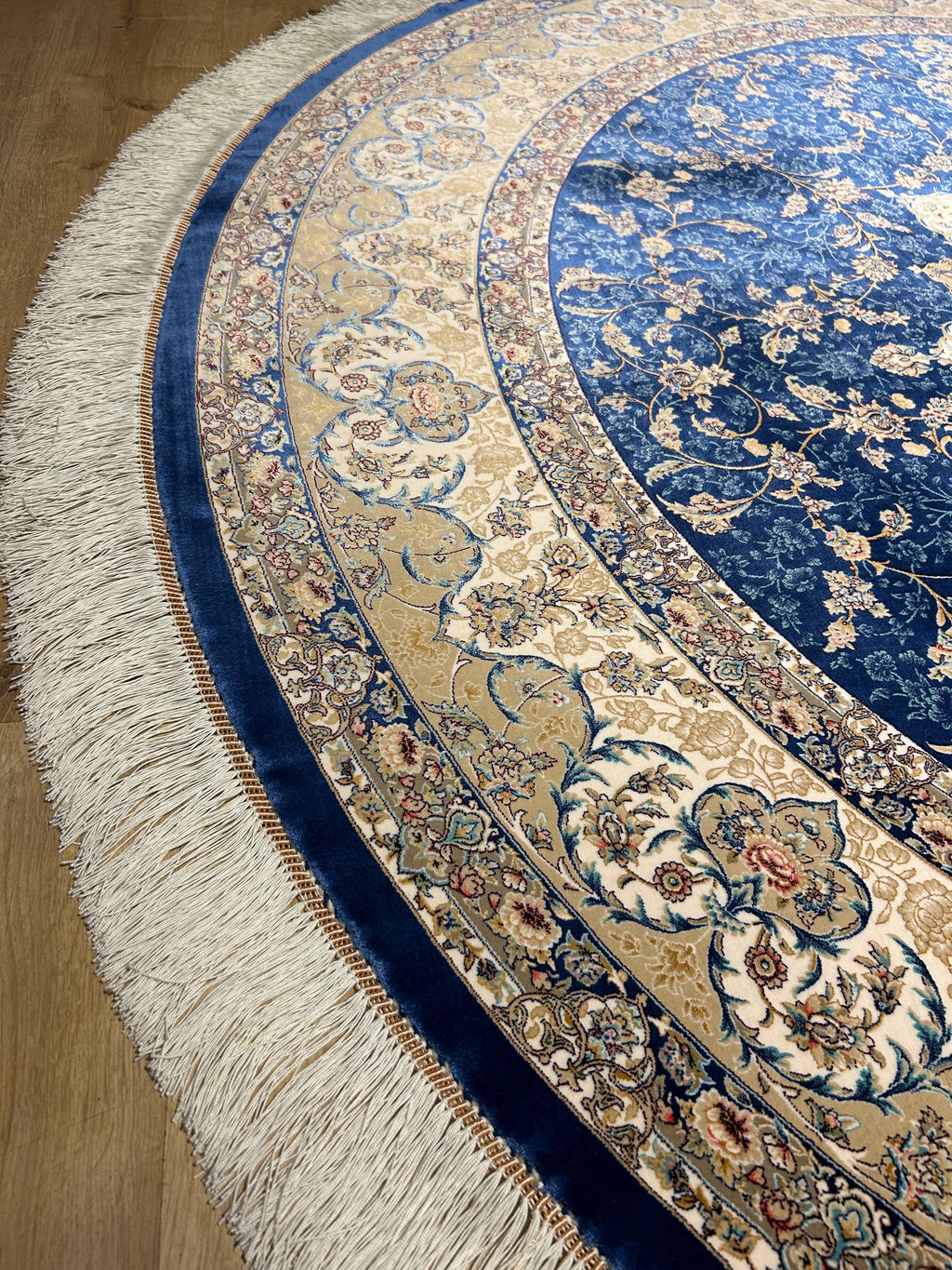 7x7 Ft Round Blue Beige Silk Rug, Classic Medallion Design Carpet