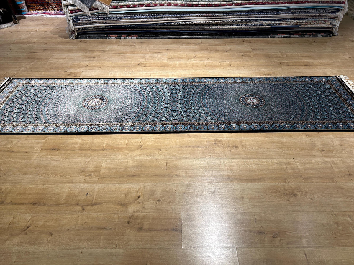 Blue Black Silk Runner Rug, Medallion Peacock Tail Design Rug, Traditional Carpet