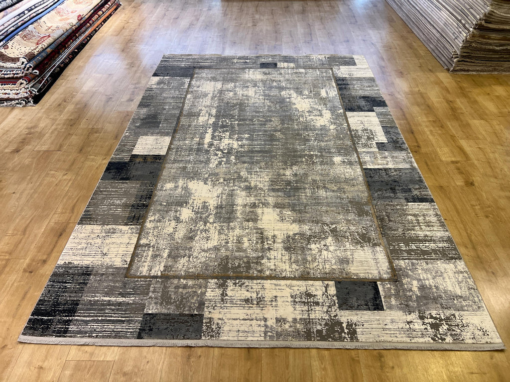 7x10 Ft Gray Modern Bamboo Rug with Framed Border Design