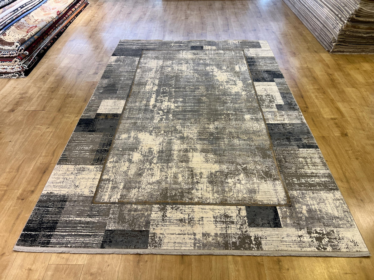 7x10 Ft Gray Modern Bamboo Rug with Framed Border Design