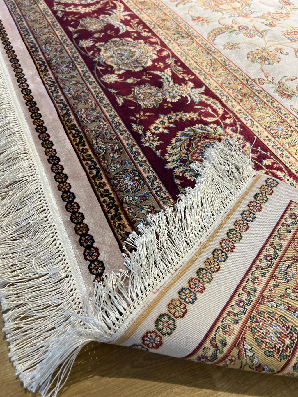 8x11 ft Ivory Silk Bamboo Rug with Red Border and Gold Pattern, Classic Design
