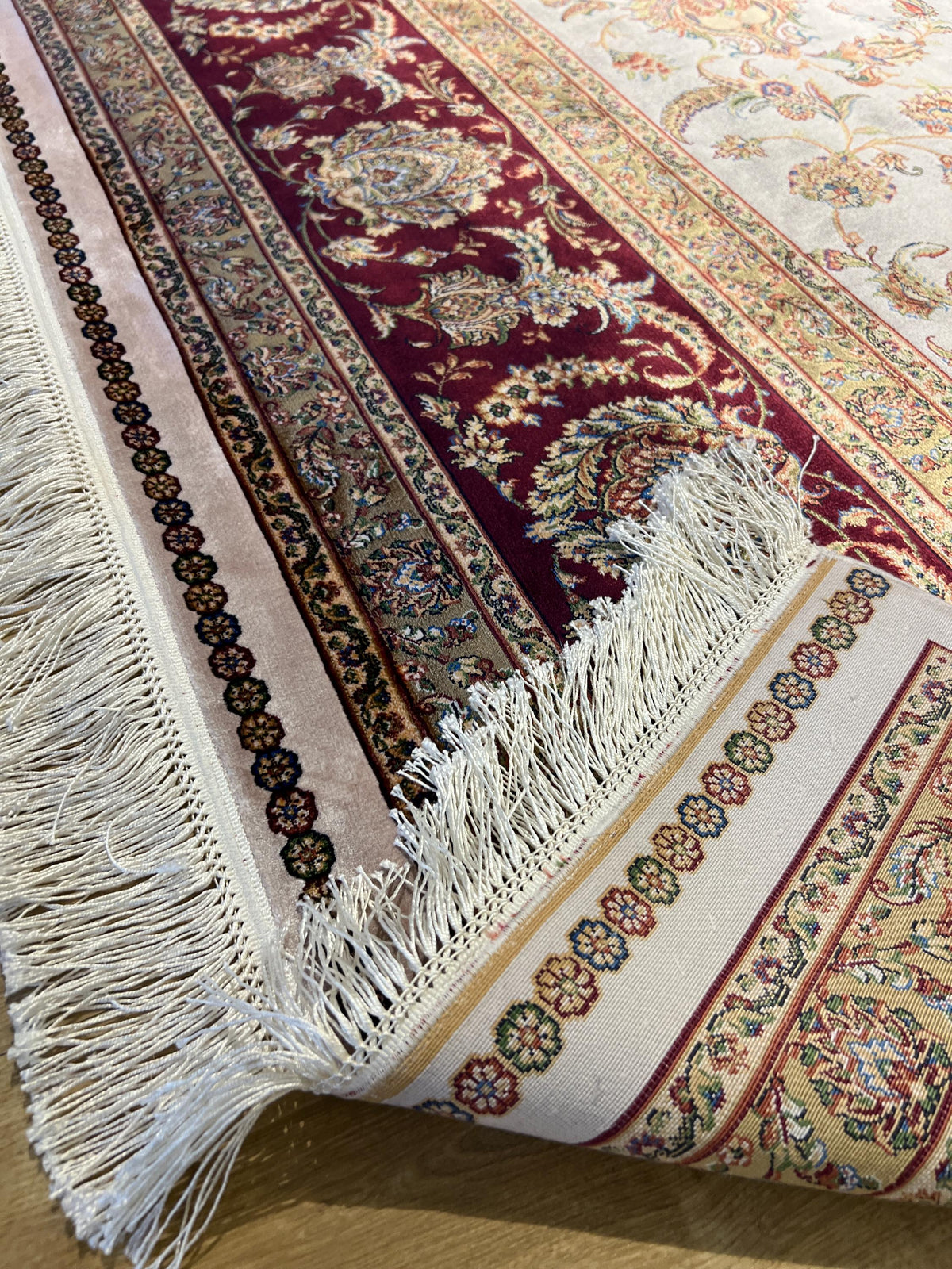 8x11 ft Ivory Silk Bamboo Rug with Red Border and Gold Pattern, Classic Design