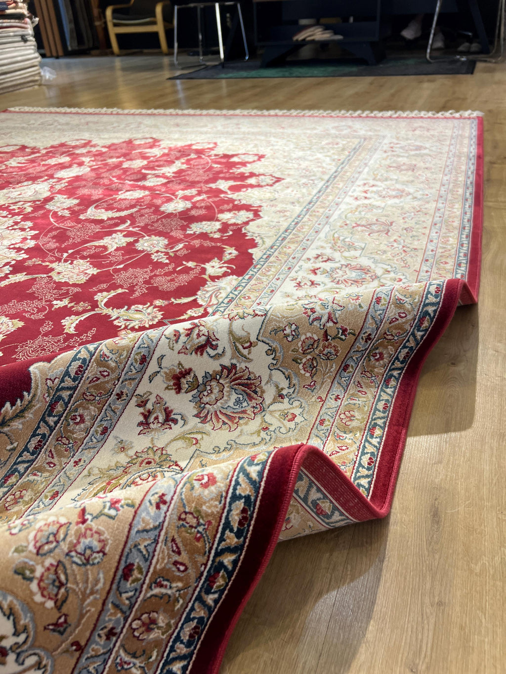 8x11 ft Classic Silk Carpet, Red Base Gold Medallion, Turkish Style Oversize Rug