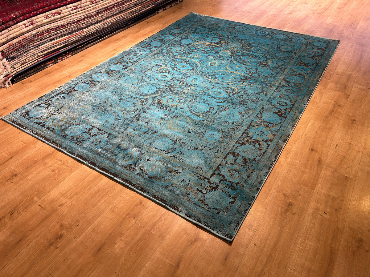 7x10 ft Blue Bamboo Rug, Distressed Pattern Vintage Area Rug, Luxury Home Decor