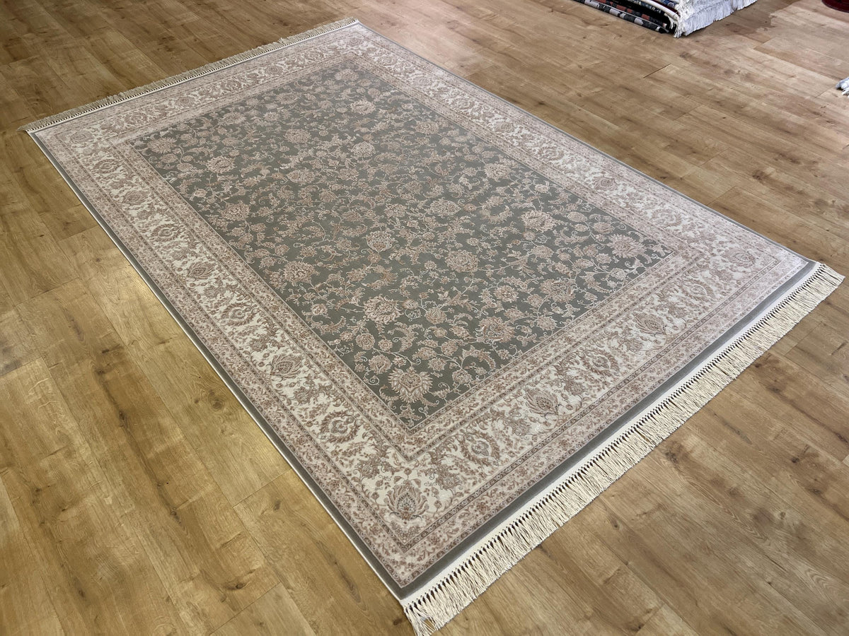 5x8 Ft Gray Bamboo Rug with Cream Border and Beige Pattern