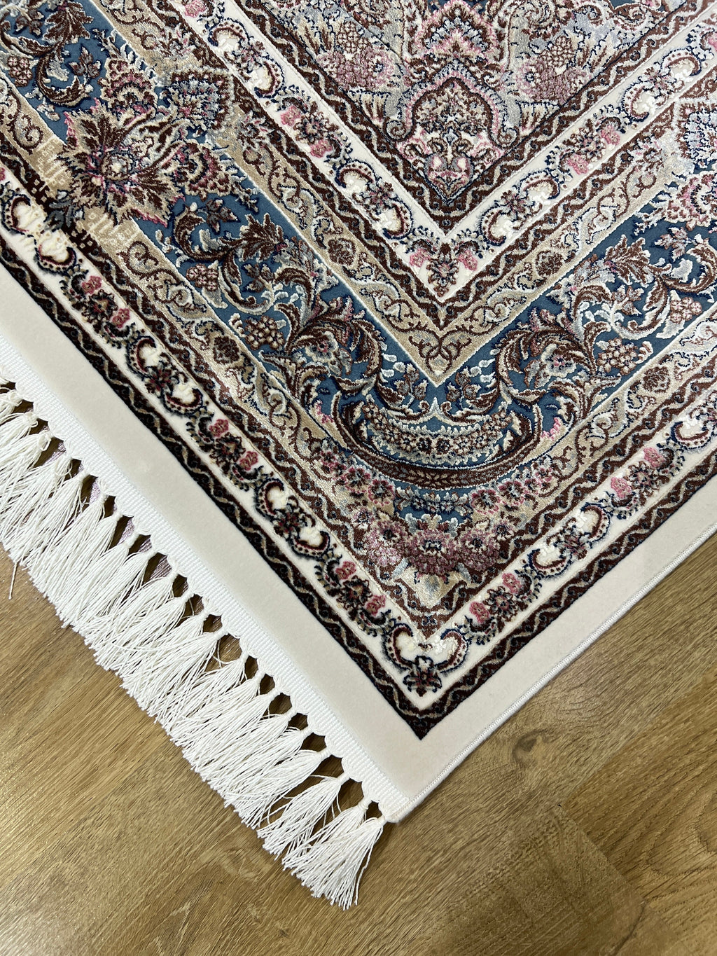 Ivory Blue Silk Rug, Medallion Design Luxury Carpet