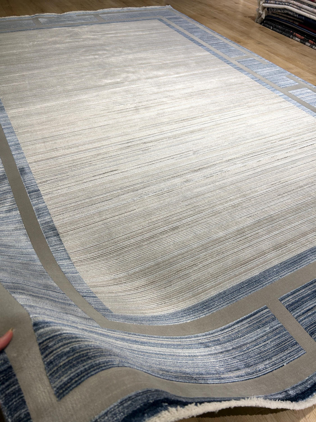 7x10 ft Blue Gray Beige Bamboo Rug, Bordered Minimalist Modern Rug, Oversize Carpet