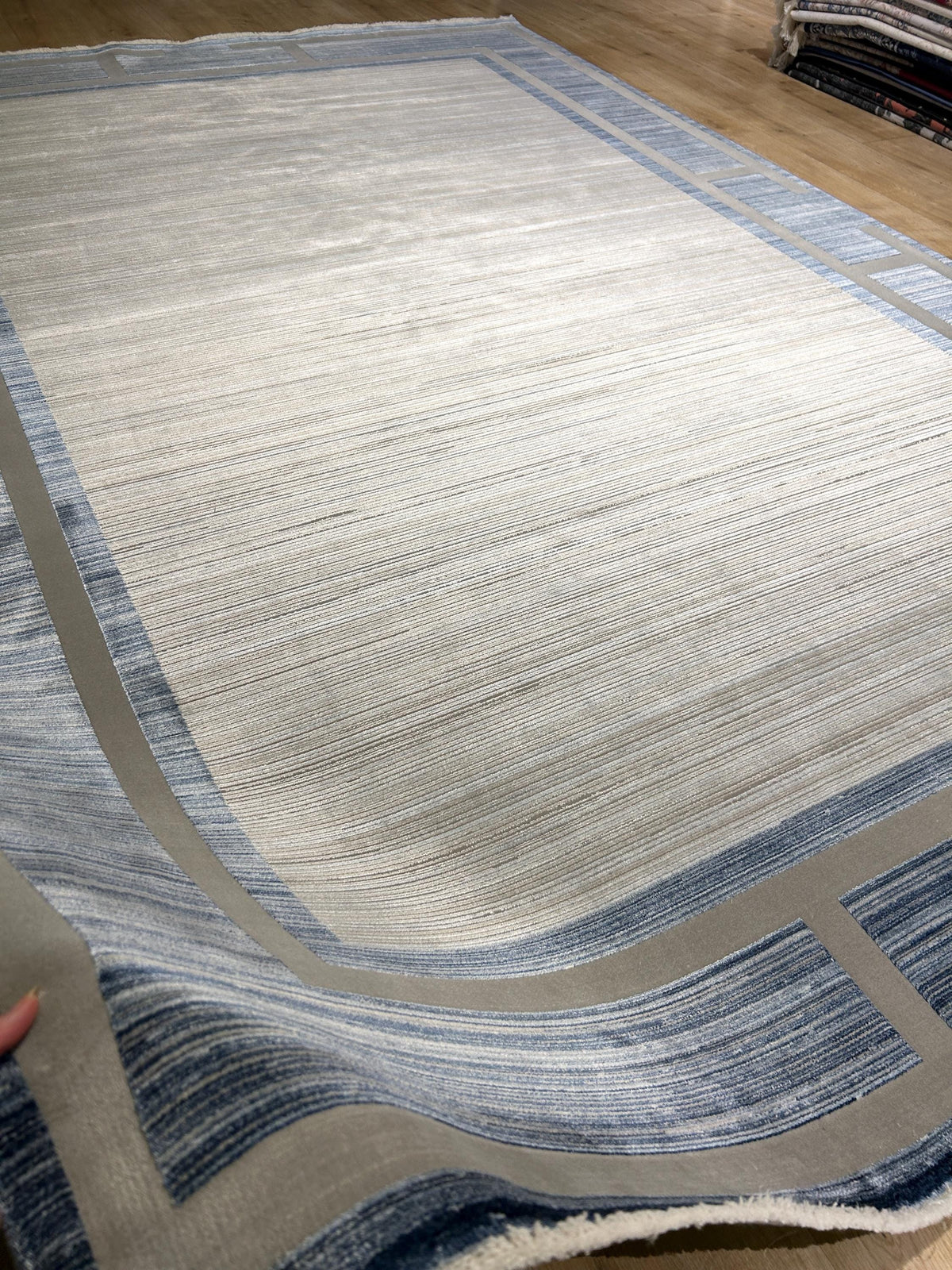 7x10 ft Blue Gray Beige Bamboo Rug, Bordered Minimalist Modern Rug, Oversize Carpet
