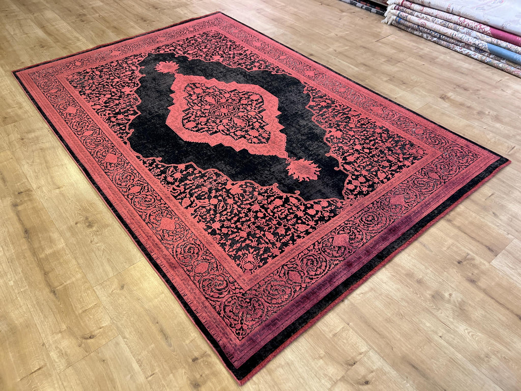 5x8 ft Black Bamboo Rug with Red Medallion and Border