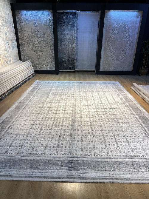 10x13 ft Gray Traditional Ethnic Geometric Bamboo Rug with Border