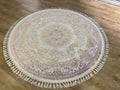 5x5 Ft Cream Gold Round Silk Rug, Medallion Design, Classic Turkish Style