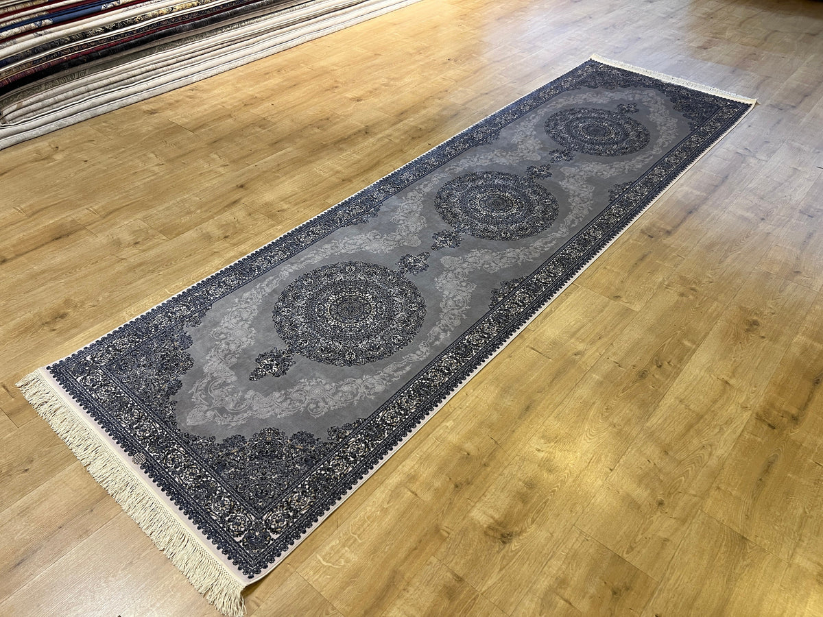 Gray Blue Medallion Silk Runner Rug, 3x10 ft, Classic Luxury Hallway Rug