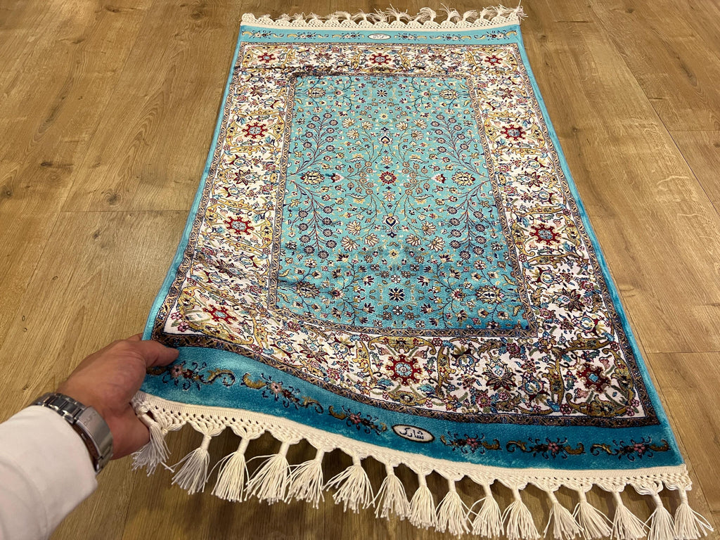 Blue Floral Silk Rug, Classic Luxury Design, Decorative Small Rug, Tapestry