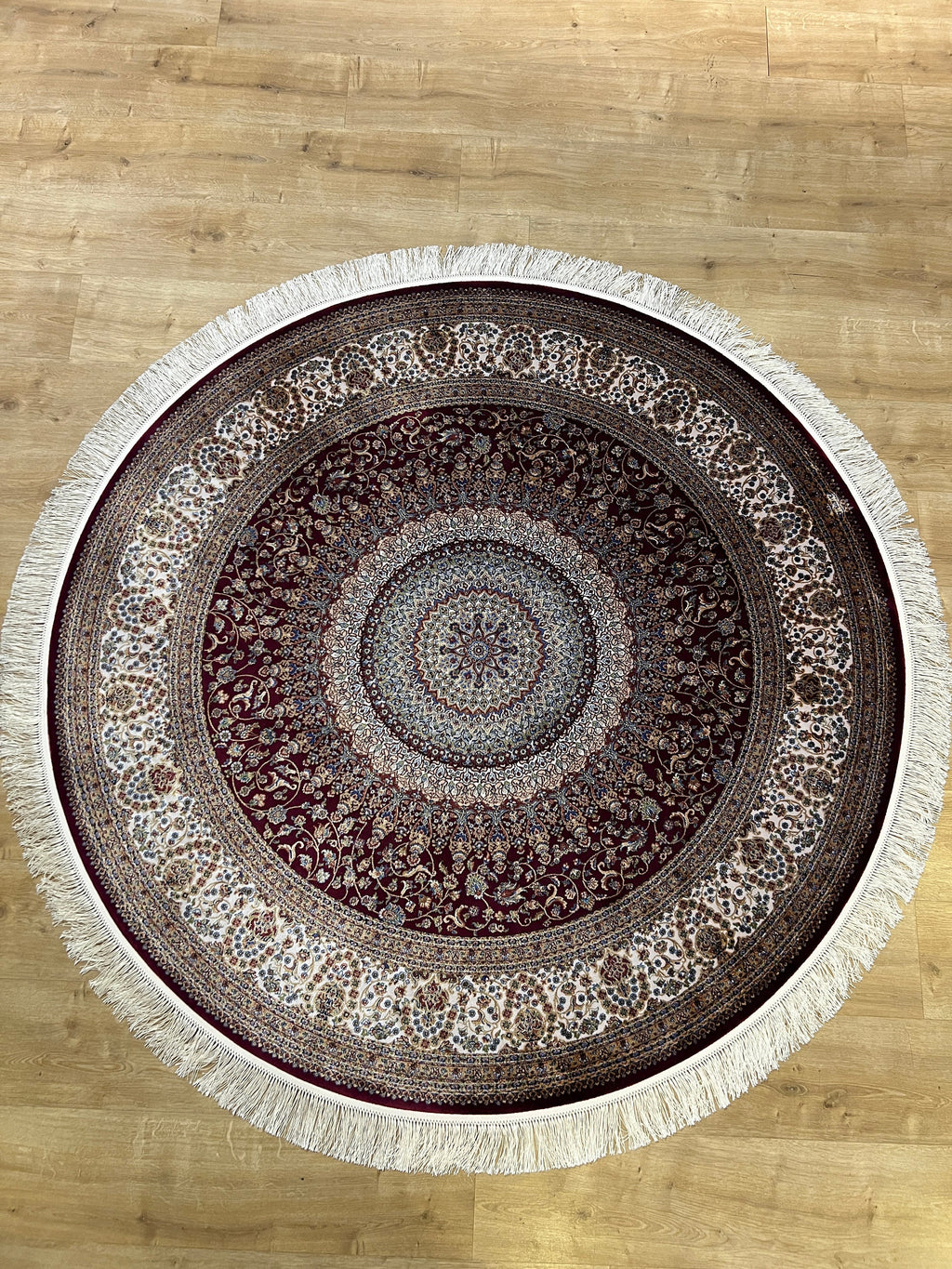 5x5 Ft Round Red Turkish Style Silk Rug, Classic Luxury Medallion Design