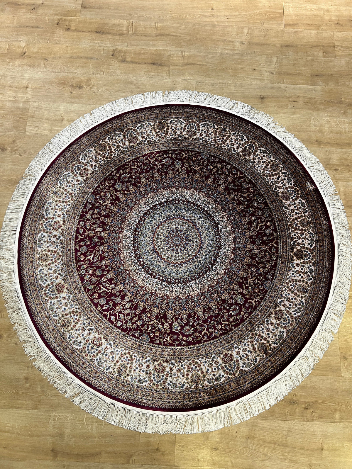 5x5 Ft Round Red Turkish Style Silk Rug, Classic Luxury Medallion Design