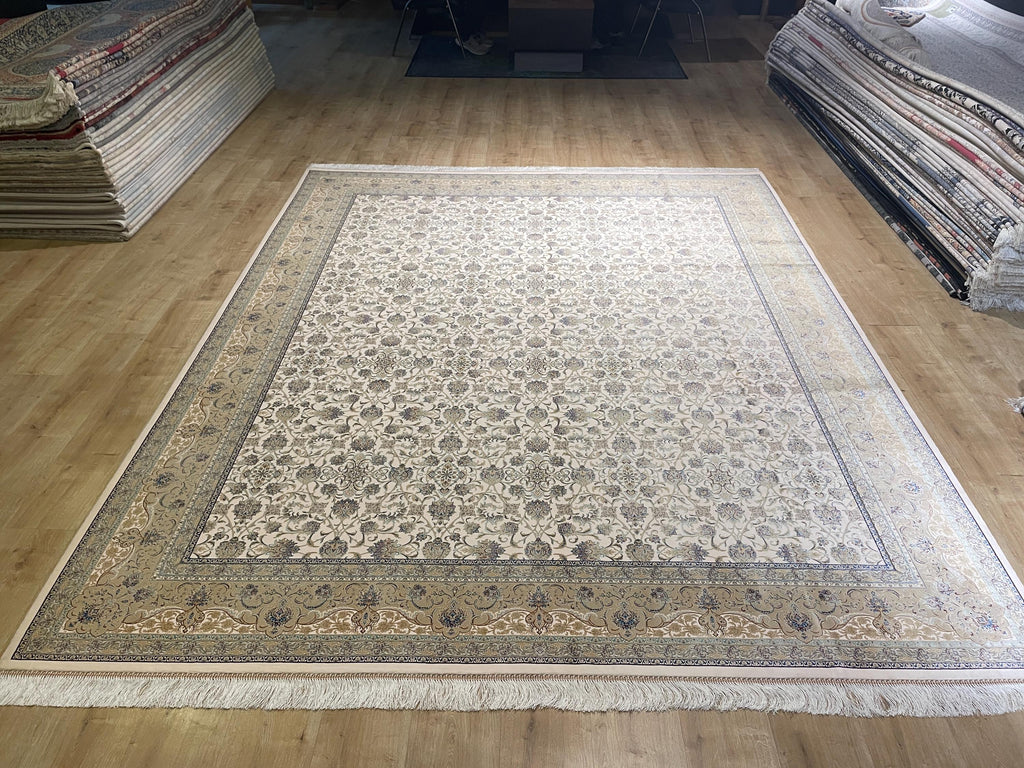 8x10 Ft Cream Modal Silk Rug, Beige Border Floral Design, Classic Elegant Large Rug