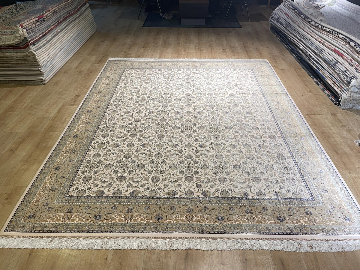 8x10 Ft Cream Modal Silk Rug, Beige Border Floral Design, Classic Elegant Large Rug