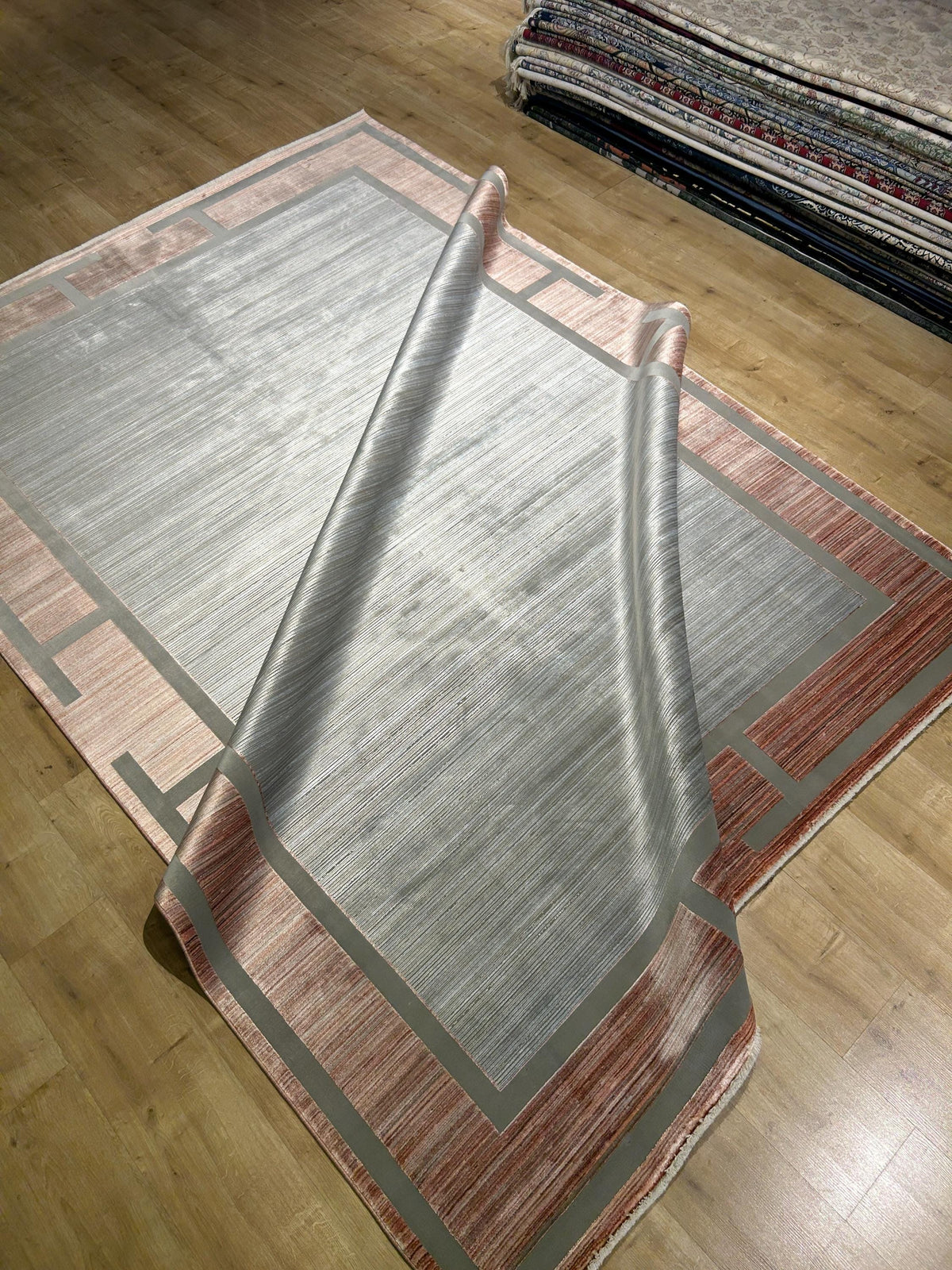 7x10 ft Pink Gray Beige Bamboo Rug, Bordered Minimalist Modern Rug, Oversize Carpet