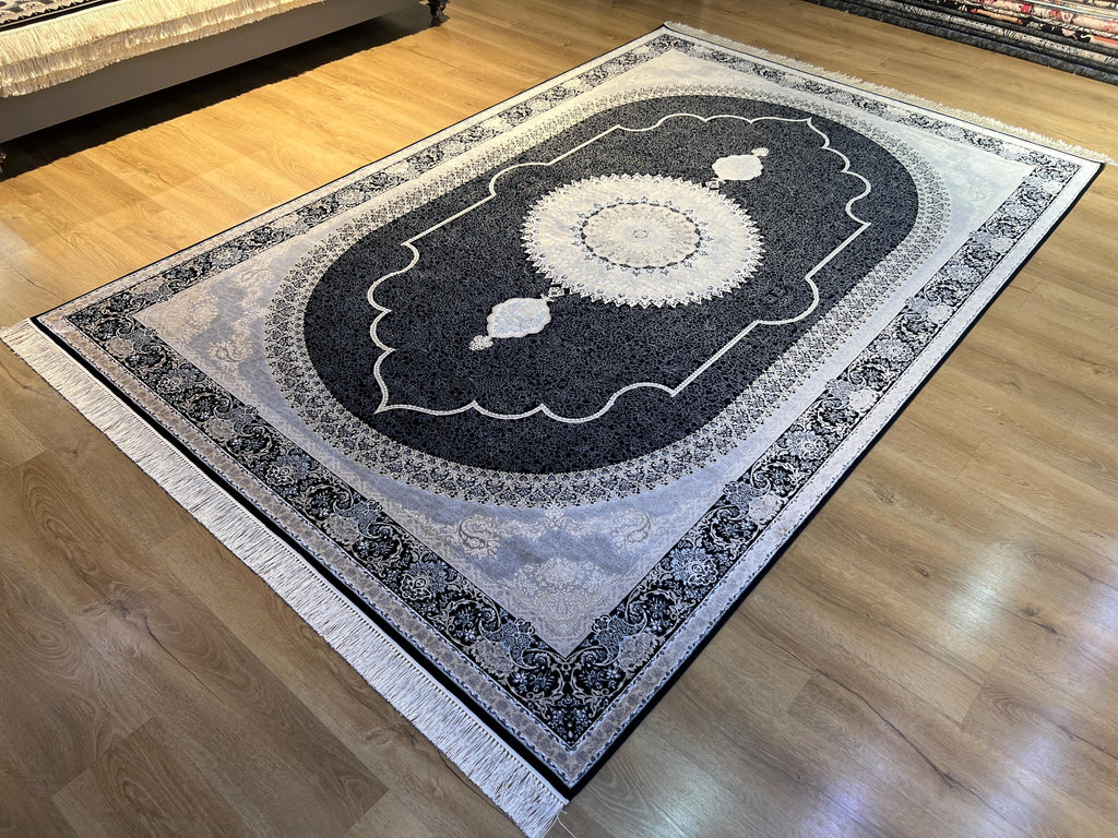 7x10 ft Black Silk Bamboo Rug with Medallion, Luxury Classic Design
